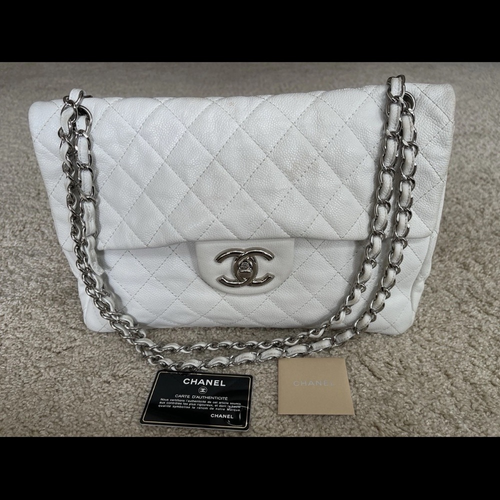 VINTAGE RARE CHANEL WASHED SOFT CAVIAR WHITE MAXI SINGLE FLAP BAG WITH AUTH CARD